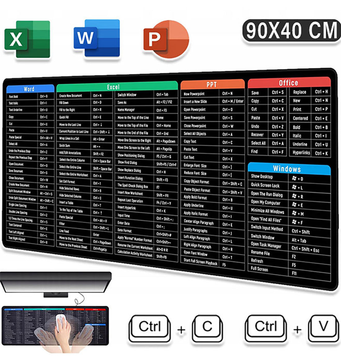 Large Gaming Mouse Pad Office Software Excel Shortcuts Mousepad, Non-Slip Desk Mat with Office Software Shortcuts Pattern, Mousepad with Personalized Design Extended For Office Users