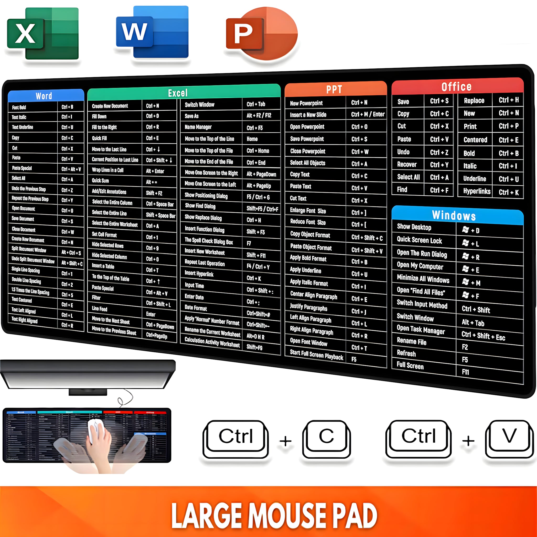 Large Gaming Mouse Pad Office Software Excel Shortcuts Mousepad, Non-Slip Desk Mat with Office Software Shortcuts Pattern, Mousepad with Personalized Design Extended For Office Users