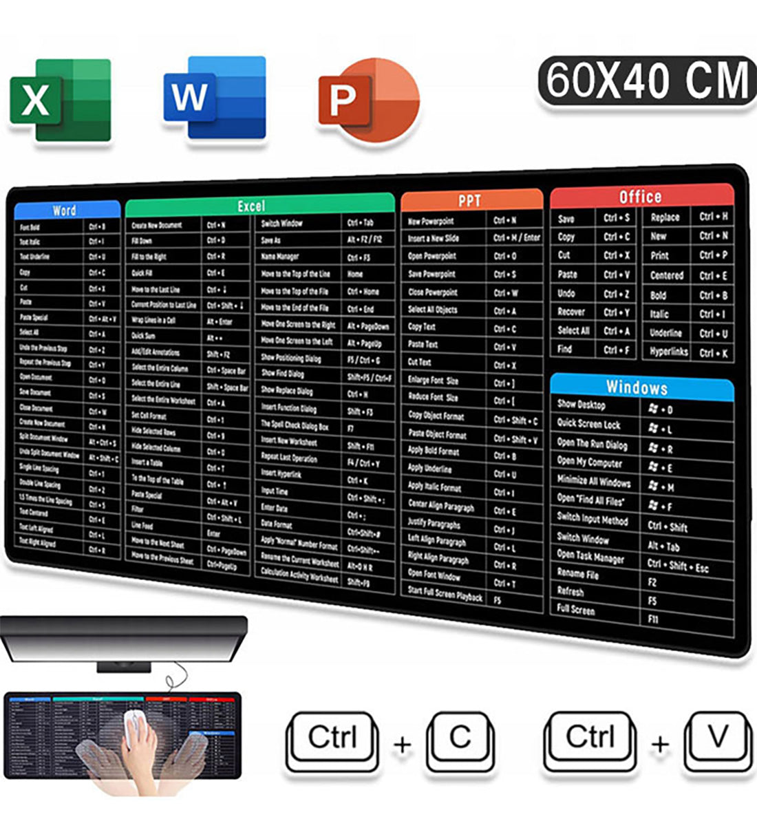 Large Gaming Mouse Pad Office Software Excel Shortcuts Mousepad, Non-Slip Desk Mat with Office Software Shortcuts Pattern, Mousepad with Personalized Design Extended For Office Users