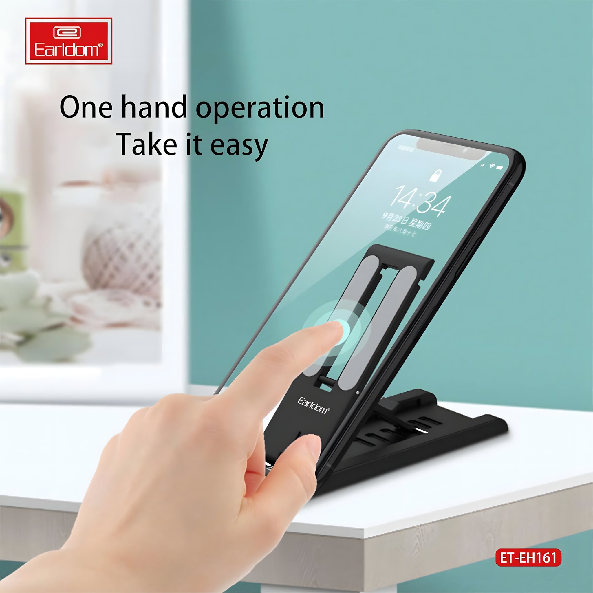 Mobile Phone Stand Holder Foldable Earldom ET-EH161 Desktop Adjustable Aluminum Alloy Premium Smartphone Stand Foldable With Multi Angle Tablet Stand - Black