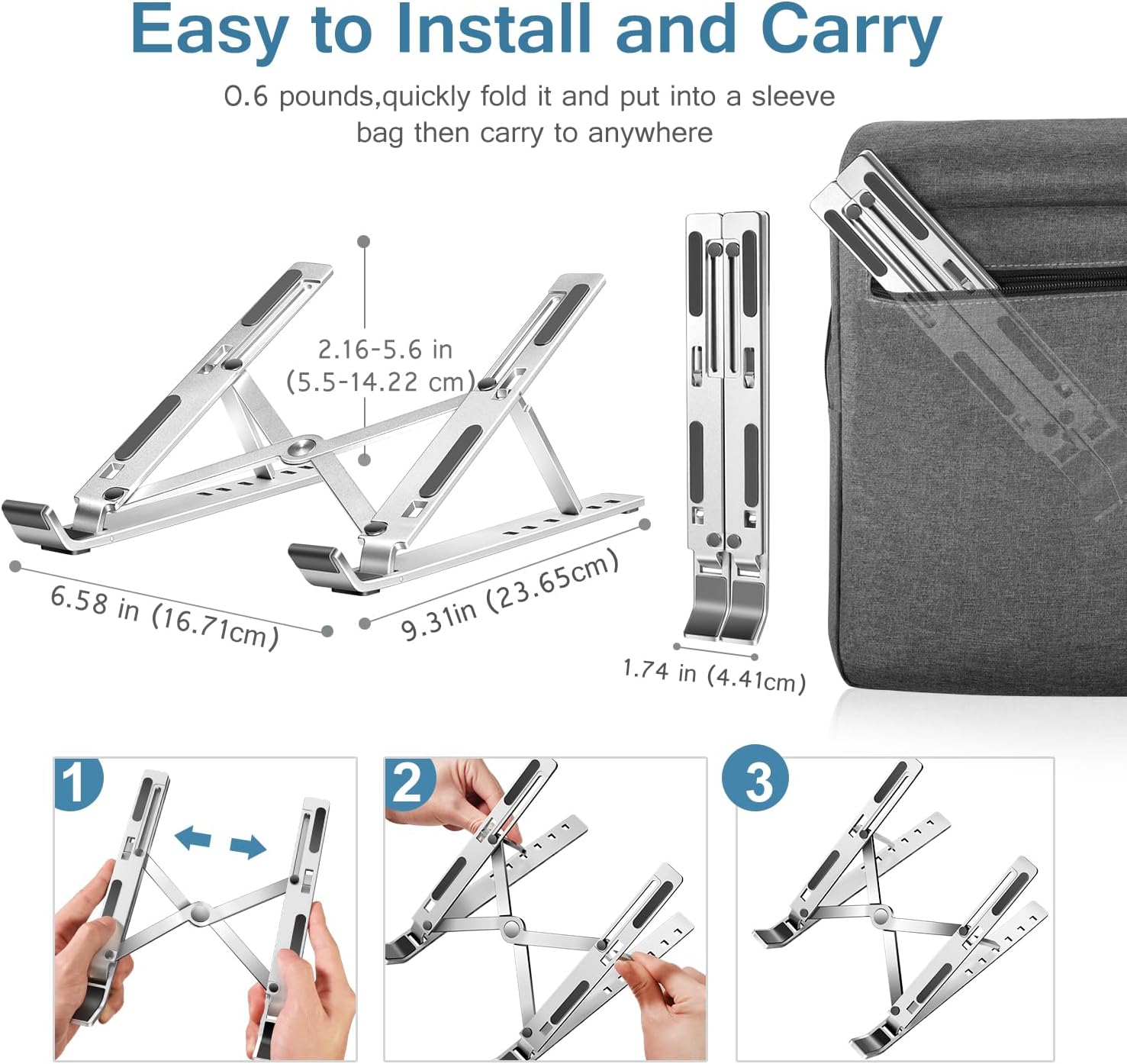 Laptop Stand/Holder - Adjustable Aluminum Alloy Foldable Laptop Stand - Portable Laptop Stand Foldable Aluminum Alloy Laptop Riser - Adjustable Height - Anti Slip & Sturdy with silicone pads - Compatible With 10 To 15.6 Inches Laptops