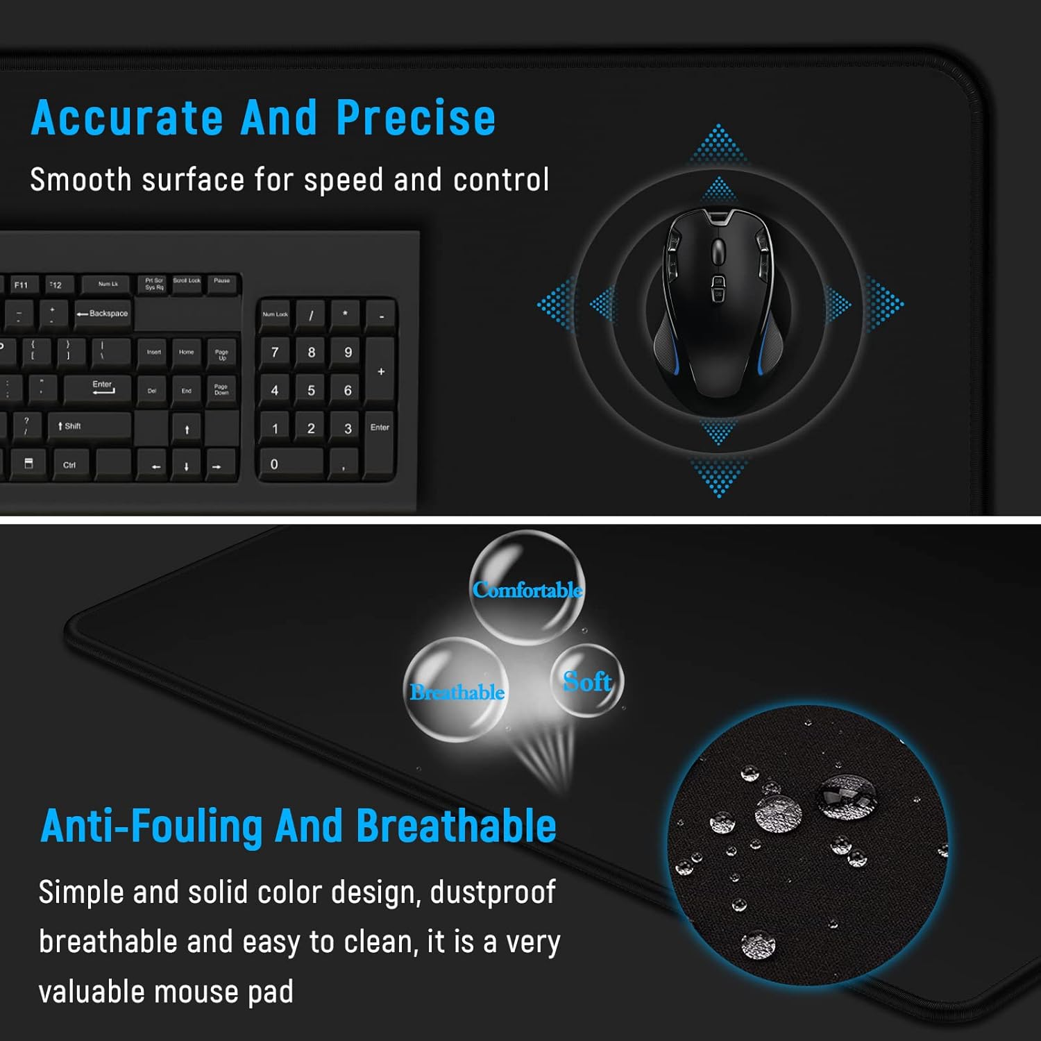 Gaming Mouse Pad Large Thick Extended Mouse Mat Non-Slip Spill-Resistant Desk Pad with Special-Textured Surface, Anti-Fray Stitched Edges for Keyboard, PC - Black